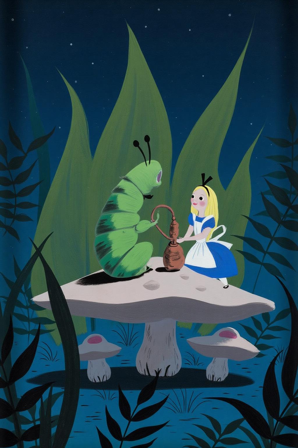 maryblair2 illustration. 
A large green caterpillar, shown in side profile, sits on a giant mushroom. A girl in a blue dress with a white apron stands beside the mushroom, surrounded by tall leafy plants. The caterpillar is holding a hookah pipe. A starry night sky is in the background. <lora:maryblair3_cap_d6a3e9:1.0><lora:855825224229245640:0>