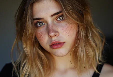 Close-up portrait of young light-skinned woman, early 20s, shoulder-length wavy blonde hair, strands falling across face, brown eyes, prominent eyelashes, delicate complexion, freckles on nose and cheeks, soft pinkish-brown lips, light makeup, slight off-center position to the left of the frame, body slightly turned toward viewer, golden lighting emphasizing facial features, soft glow around eyes and cheekbones, subtle shadows on parts of face, dark-grey out-of-focus background, soft intimate melancholic atmosphere,  extreme close-up shot.  three quarter angle