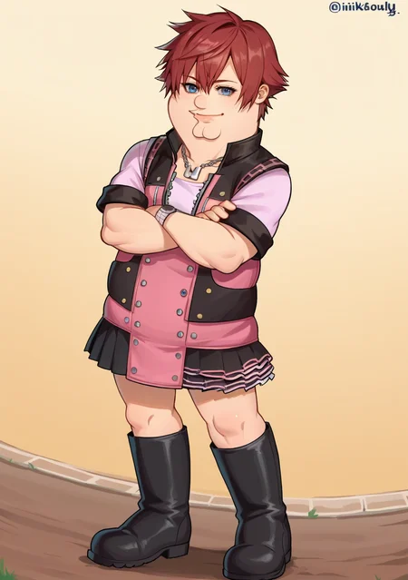 score_9, score_8_up, score_7_up, source_anime, rating_safe, , anime screencap,4k, HD, 8k, highres, BREAK, 1boy, solo,
<lora:Kairi:.8>, kairi, blue eyes, zipper, jewelry, boots, dress, necklace, short hair, red hair, pink dress, zipper pull tab, pleated dress, short dress,
<lora:PeterGriffin_iamkowai_PXL_Leaf1-10:1>, Peter Griffin, 1boy, fat,
dutch angle,
smile, crossed arms,
looking at viewer, standing,
cowboy western, wild west, dirt path, old west town,