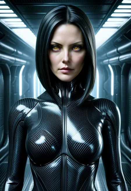 (jami gertz linda fiorentino:0.8) aeon flux as a cunning rapacious chubby cyborg alien, age-34, hazel eyes, long straight chinese hair combed back, in an intimidating (ral-carbonfiber carbon fiber) wetsuit, futuristic fashion, wide sharp shoulder pads, eye contact, standing in a bright neon cyberpunk tunnel, eye contact
(Professional photography, bokeh, flash photography, sharp focus, tilt-shift lens, wide angle shot:0.9)