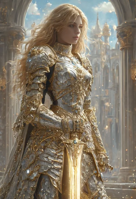 amazing quality, masterpiece, best quality, hyper detailed, ultra detailed, UHD, perfect anatomy, (in castle:1.2),
girl knight, holding a sword, dazzling ,transparent ,polishing, (1 arm up),
waving sword, gold armor, glowing armor, glowing eyes, full armor, shine armor, dazzling armor, 
<lora:HKStyle:0.85>, HKStyle,
<lora:add-detail-xl:0.75>,
<lora:quality1:0.75>,
<lora:extremely_detailed:0.6>, extremely detailed,
 <lora:ral-bling-sdxl:0.7> ral-bling,