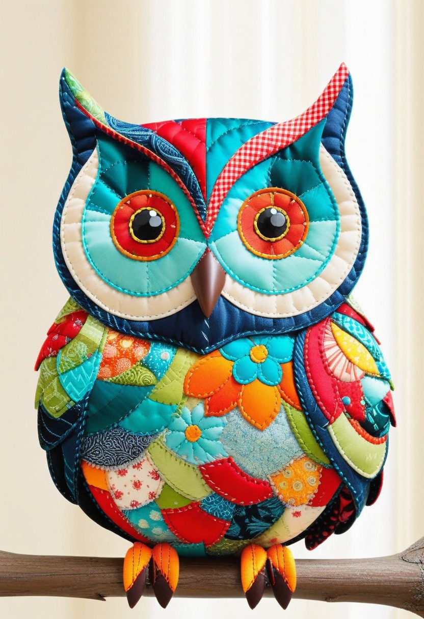 patchwork owl, stitched together with vibrant flair, cozy,
best quality, masterpiece,