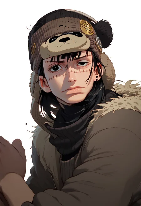 score_9, score_8_up, score_7_up, score_6, score_5, anime, hyper detailed face, perfect face, perfect eyes, perfect anatomy, perfect hands, closeup, 1boy, solo, black eyes, black hair, spiky hair, messy hair, fully clothed, athletic, serious face, ((koala hat, koala beanie, animal hat, fur_ears, grey_bear_ears, grey_beanie, Croco_scar across face)), male focus, white background, simple background
