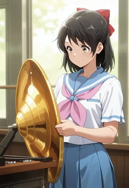 masterpiece,best quality,amazing quality, sakai masako, black hair, brown eyes, 1girl, school uniform, kitauji high school uniform, solo, serafuku, instrument, skirt, pink neckerchief, blue skirt, neckerchief, hair bow, bow, pleated skirt, sailor collar