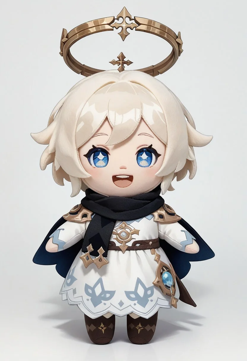end_plushie_morph, 1girl, blue eyes, open mouth, white hair, white background, halo, solo, chibi, smile, scarf, looking at viewer, simple background, :d, white dress, short hair, full body, cape, bright pupils, teeth, dress, black scarf, plushie, felt, made of felt, fabric toy, made of fabric, fabric texture, paimon, genshin impact, score_9, score_8_up, score_7_up, score_6_up, score_5_up, score_4_up,