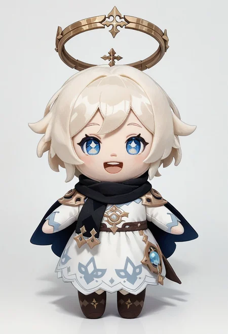 end_plushie_morph, 1girl, blue eyes, open mouth, white hair, white background, halo, solo, chibi, smile, scarf, looking at viewer, simple background, :d, white dress, short hair, full body, cape, bright pupils, teeth, dress, black scarf, plushie, felt, made of felt, fabric toy, made of fabric, fabric texture, paimon, genshin impact, score_9, score_8_up, score_7_up, score_6_up, score_5_up, score_4_up,