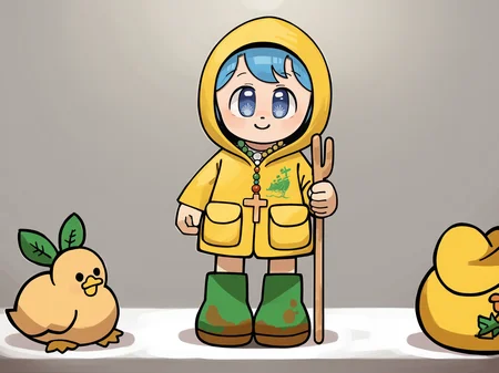 score_9, score_8_up, score_7_up, score_6_up, score_5_up, 
Luce, symbol-shaped_pupils, (solo), umbrella,  raincoat, 1girl,  large_breasts, rubber_boots, yellow_raincoat, blue_hair, blue_eyes, boots, hood, full_body, smile, short_hair, holding, hood_up, standing, long_sleeves, bangs, yellow_footwear, necklace, jewelry
BREAK
duck, bread, chicken, catholic, 
 <lora:Luce_Vatican:1> <lora:Little_Nuns:1>