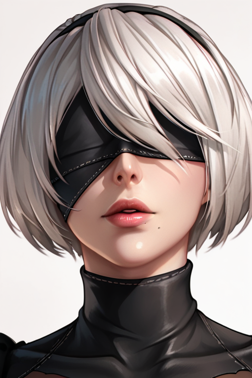 score_9. score_8_up,score_7_up,score_6_up,score_5_up,score_4_up,<lora:2typeBPony:0.8>,
2typeB, nier automata, nier \(series\), nier, yorha no. 2 type b, 1girl, solo, blindfold, white hair, short hair, hairband, mole, portrait, black hairband, black blindfold, mole under mouth, turtleneck, parted lips, nose, covered eyes, lips, realistic