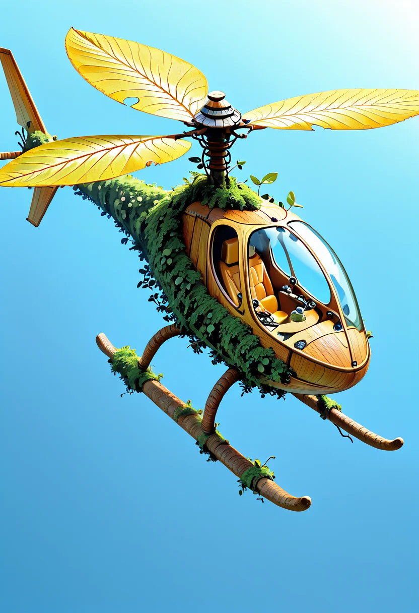 masterpiece, best quality, no humans,   ,<lora:BioCopter_IXL:0.8>,  BioCopter, camouflaged leaves, woody exterior, floating propellers, tendrils for control, tropical island, high-angle view, clear sky, powerful yet graceful motion, tranquil atmosphere â Above a tropical island, the BioCopter floats like a natural wonder, its camouflaged leaves blending seamlessly with the surrounding treetops. The woody exterior of the craft is sturdy, yet alive, as tendrils snake from the base to control its movement. Floating propellers made of intertwined vines spin slowly, propelling it through the clear blue sky. The high-angle view showcases the BioCopterâs elegant yet powerful motion, its presence tranquil and harmonious against the backdrop of a perfect day, as though it is a guardian of the island.