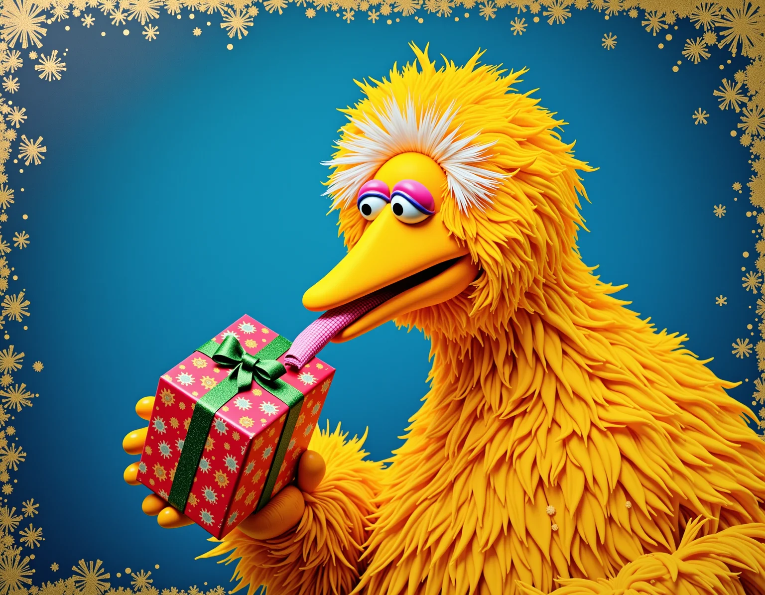 A card with a sparkling blue-to-sepia ombre effect, of Big Bird the goddamn holiday idiot, vomiting a wrapped gift.