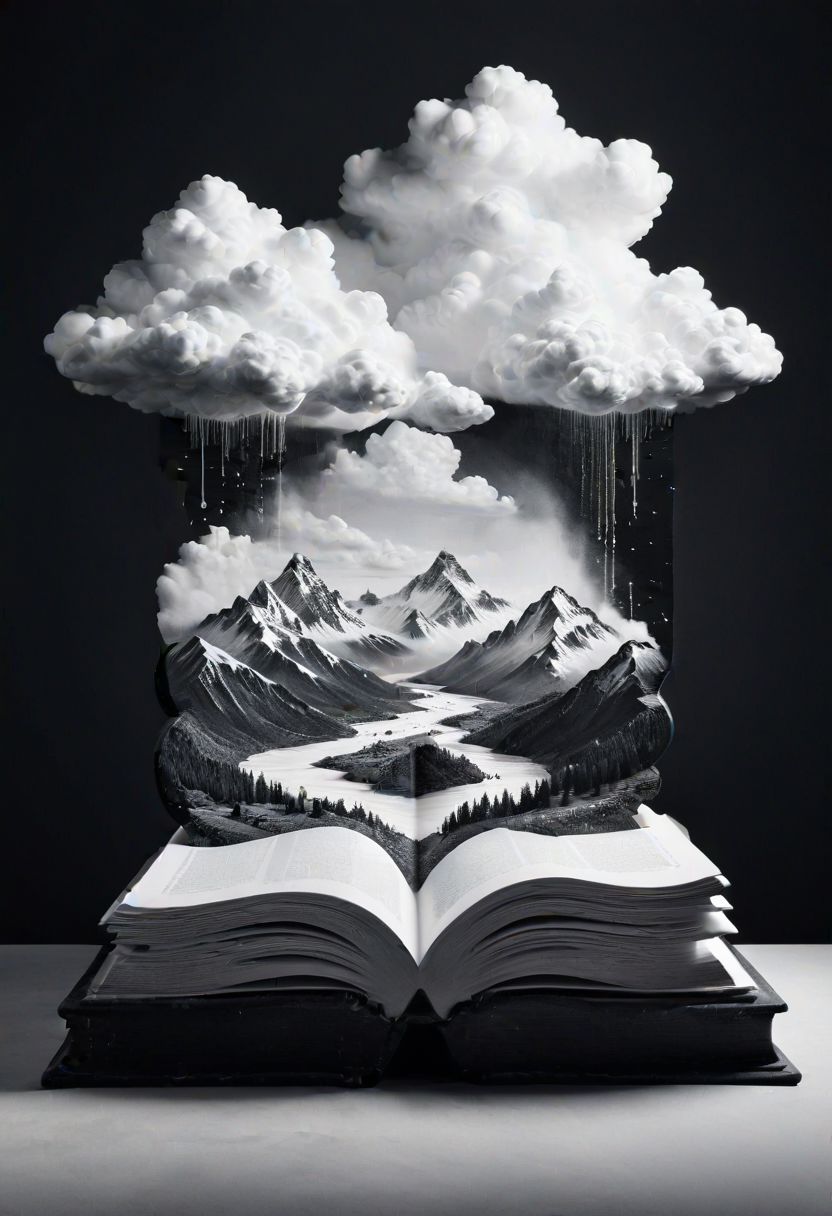 monochrome, negative space, symbolic, dreamlike landscape, giant mountains, open books flowing as rivers, childhood toy clouds, unsettling, beautiful, hyperrealistic, high contrast, detailed shadows