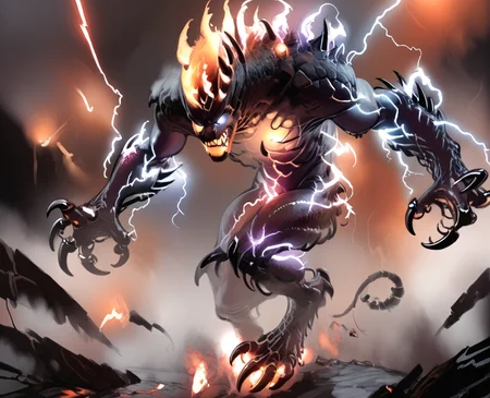 <lora:element_blend:0.8>,detail,score_9, score_8_up, score_7_up, score_6_up, score_5_up, score_4_up,
elementalfusion, , no humans, , , electricity, fire, claws, glowing, lightning, , monster