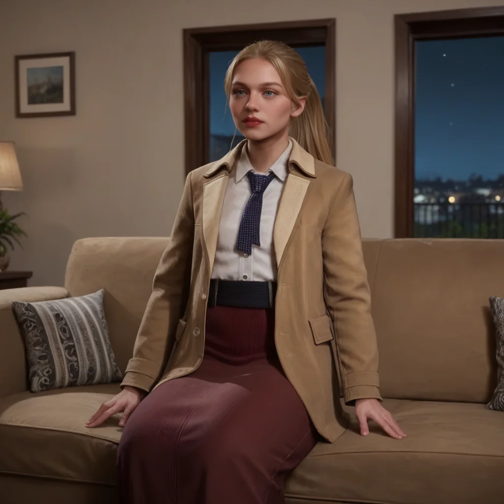 score_9_up, score_8_up, BREAK, StarterOutfit, femaleoutfit, 1girl, solo, blonde hair, high ponytail, long hair, blue eyes, lipstick, white shirt, necktie, coat, long skirt, <lora:HogwartsLegacy_StarterOutfit_PXL_Leaf1:1>, depth of field, indoors, night, realistic, on couch, living room, sitting,