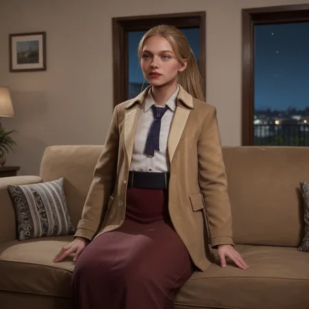 score_9_up, score_8_up, BREAK, StarterOutfit, femaleoutfit, 1girl, solo, blonde hair, high ponytail, long hair, blue eyes, lipstick, white shirt, necktie, coat, long skirt, <lora:HogwartsLegacy_StarterOutfit_PXL_Leaf1:1>, depth of field, indoors, night, realistic, on couch, living room, sitting,