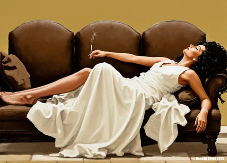A Painting in the style of Jack Vettriano of a woman with curly black hair, wearing a white, flowing dress, lying on her back on a brown couch in a dimly lit room. She has a slender physique and fair skin. Her legs are spread apart, and she is holding a cigarette in her right hand. The couch has cushions, and the floor is tiled. The background is a warm, golden color. The style is realistic with a focus on texture and lighting. The woman's expression is relaxed and sensual.<lora:_Flux\Jack_Vettriano V2.safetensors:1.1:1.1>