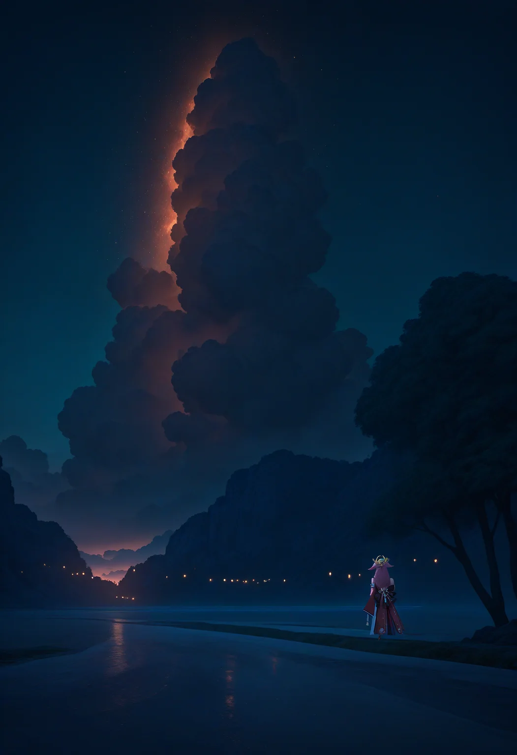 masterpiece, best quality, newest, absurdres, highres, night, realistic, dim light, dark, yae miko, wide shot, scenery, from behind,