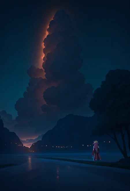 masterpiece, best quality, newest, absurdres, highres, night, realistic, dim light, dark, yae miko, wide shot, scenery, from behind,
