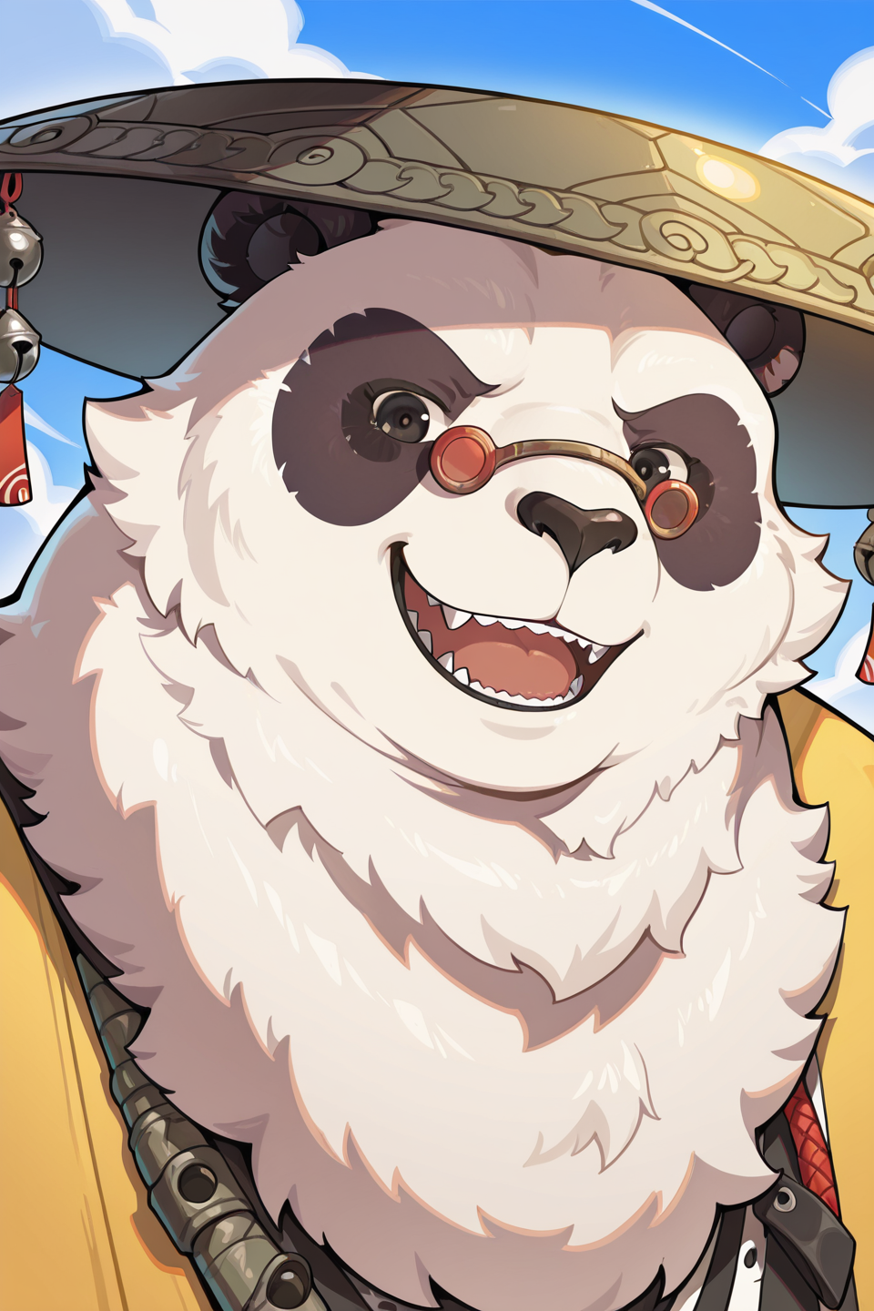 <lora:Pan_Yinhu_潘引壺_-_Zenless_Zone_Zero-000006:1>, best quality, hires, absurdres, panyinhu, solo, 1boy, anthro, furry male, panda, white fur, fat, red glasses, animal ears, hat, bells on hat, tassel, yellow and black clothes, jacket,portrait, close up, smile, open mouth, teeth, looking at viewer, blue sky background, clouds, bamboo