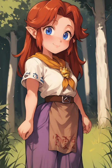 score_9, score_8_up, score_7_up, score_6_up, score_5_up, source anime, BREAK, (thick thighs), smile, closed mouth, (cowboy shot), looking at viewer, realistic background, forest, farm, curvy, wide hips, shortstack, bright eyes, blush, freckles, <lora:malon_cremia-v1_pdxl:1> , malon, 1girl, white shirt, short sleeves, purple skirt, long skirt, brown belt, belt, yellow neckerchief, <lora:last:1>, <lora:90s4n1m3XLP:0.4> , 90s4n1m3,
