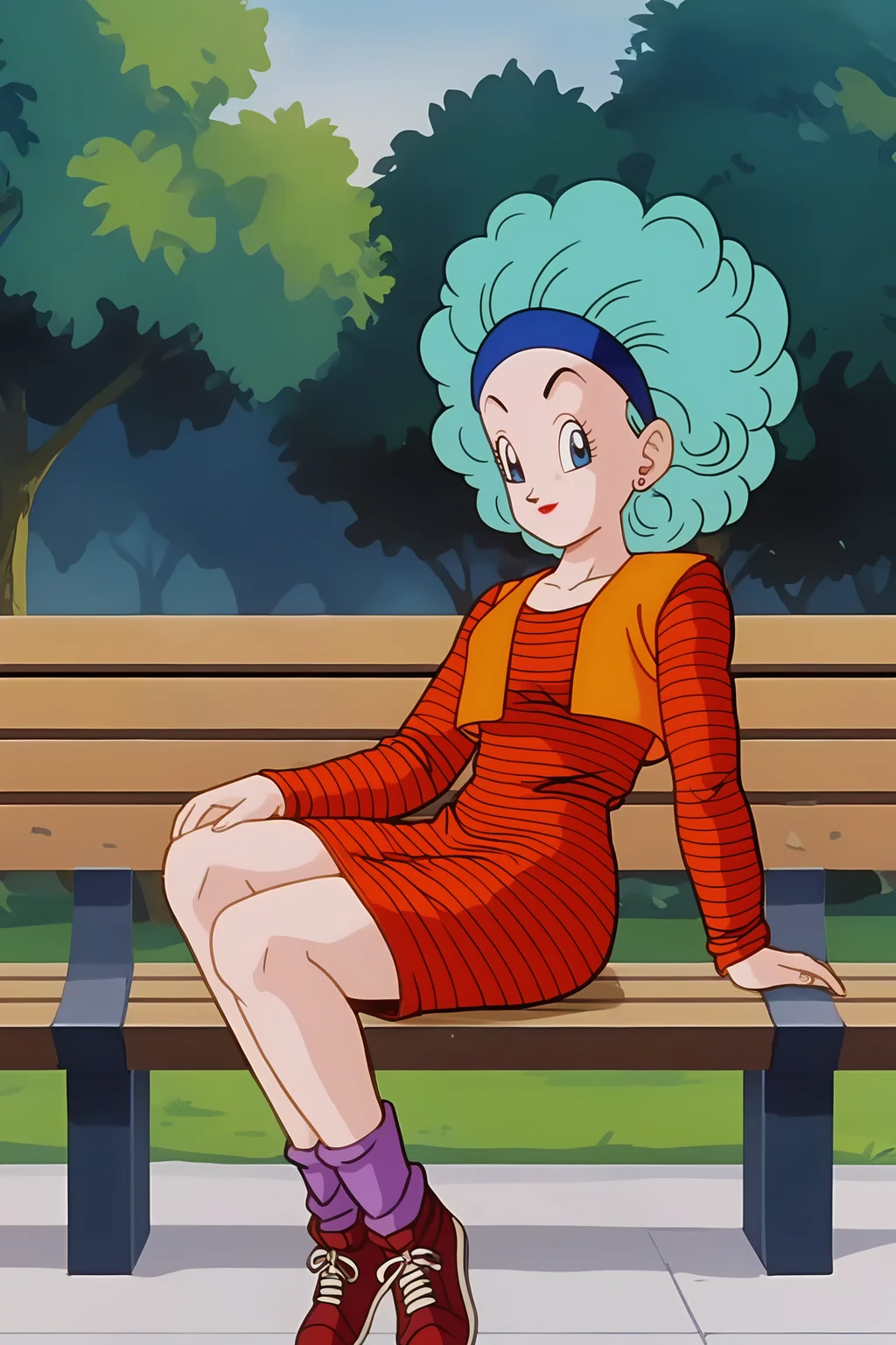 source_anime, score_9, score_8_up, score_7_up, anime screencap, high quality, 8k, absurdres, official style,
bulma, mecha frieza saga, long hair, afro, big hair, blue eyes, aqua hair, blue headband
vest and dress combo, long sleeves, short dress, striped dress, red dress, orange vest, vest over dress, socks, purple legwear, red sneakers,
sitting on bench, park, tree, dappled sunlight, looking at viewer, from side,
<lora:bulmaDBZ_pony_v2:0.8>