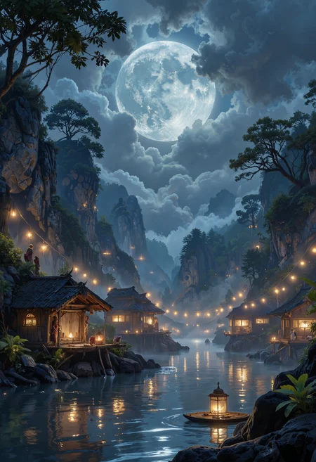 in the style of ck-ovf, A series of glowing, floating huts built on a quiet, mist-covered river, inhabited by an ancient, mystical race. Magical lanterns hang from ropes between the huts, casting a gentle, golden light over the misty water. The moon shines brightly above, casting reflections across the river as the villagers engage in an ancient ceremony under its watchful gaze.<lora:ck-OneViolentFantasy-000021.safetensors:0.6:0.6>