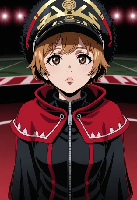 1 woman, sporty body, animation, black clothes, fur hat, capelet, brown eyes, look up, dinamic