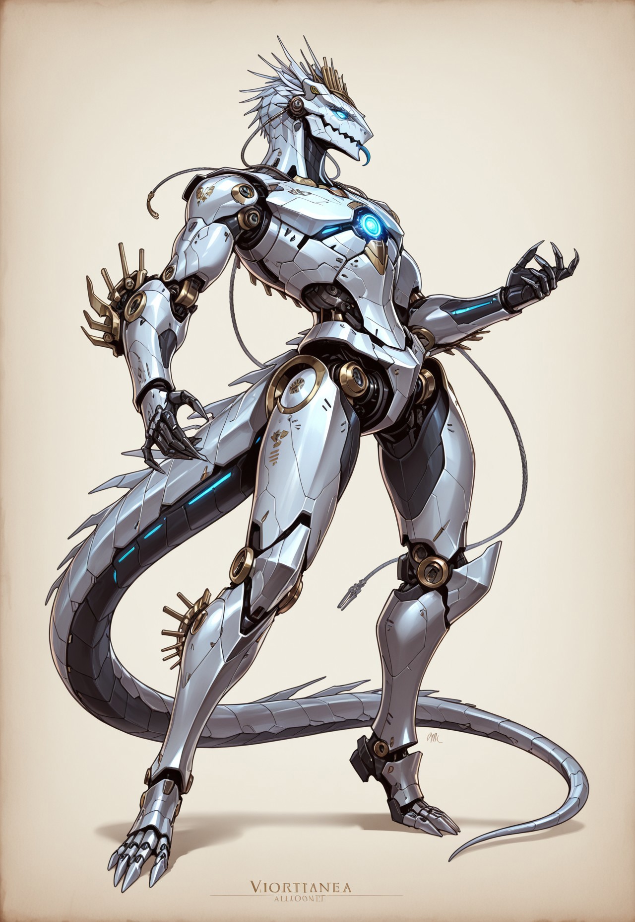 ww1era, victorianera, 18cera, alone, solo, portrait, full body, three quarter view, high detail face, no background, simple floor, full body, retro style, 1creature, bio-mechanical, mutated lizard, lizard face, lizard head, mechanical parts, mechanical enhancement, blue glowing eyes, silver mechanical, huge body, huge limbs, huge torso, aggresive stance, aggresive pose, aggresive posture, curved back, mechanical claws, sticking lizard tongue, lizard tongue
<lora:RavenScript :1>