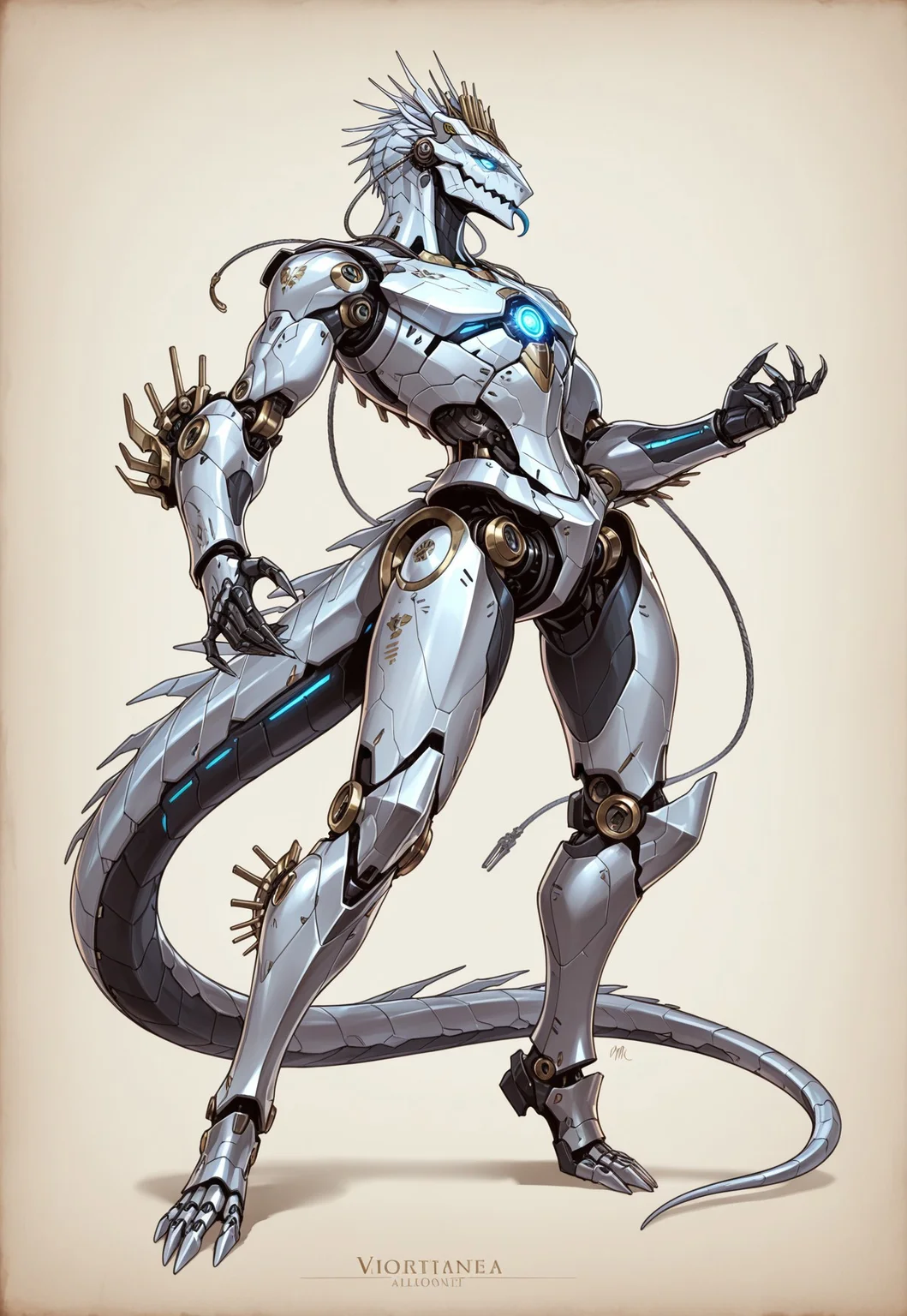 ww1era, victorianera, 18cera, alone, solo, portrait, full body, three quarter view, high detail face, no background, simple floor, full body, retro style, 1creature, bio-mechanical, mutated lizard, lizard face, lizard head, mechanical parts, mechanical enhancement, blue glowing eyes, silver mechanical, huge body, huge limbs, huge torso, aggresive stance, aggresive pose, aggresive posture, curved back, mechanical claws, sticking lizard tongue, lizard tongue
<lora:RavenScript :1>