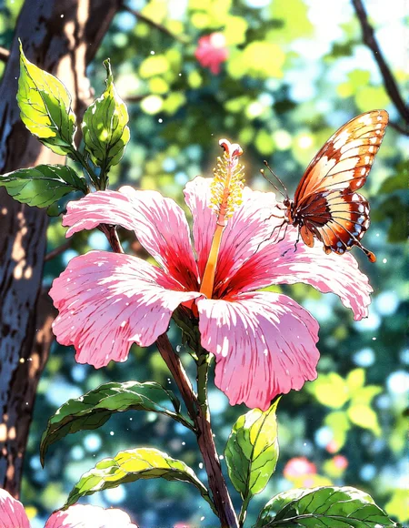 serene, sun-drenched nature macro close up photograph in anime style. Picture a pale pink hibiscus flower in full bloom, with delicate veined petals and a prominent yellow pistil.  A butterfly with patterned wings in shades of orange, white, and brown is delicately landing on the edge of the flower. The flower and butterfly are positioned on a brown branch that cuts diagonally across the frame. Bright sunlight streams from the top right, casting rays of light through the surrounding green leaves and branches, which are softly blurred in the background. The overall scene is warm, inviting, and focused on the delicate beauty of nature, <lora:aidmaMJ6.1_v0.5_3:0.7>, <lora:Vibrantly_sharp_style_v.2:1>, <lora:Cozy_Paradise:0.8>, <lora:RetroAnimeFluxV1:0.4>