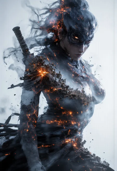 A striking double exposure artwork: a rebellious young woman with vibrant blue hair, sitting confidently in a dynamic pose, her face partially covered by a sleek black mask. Her silhouette merges with an apocalyptic cityscape engulfed in flames and smoke. The fiery background transitions seamlessly into the details of her clothing and skin, creating a powerful juxtaposition of human resilience and chaos.
