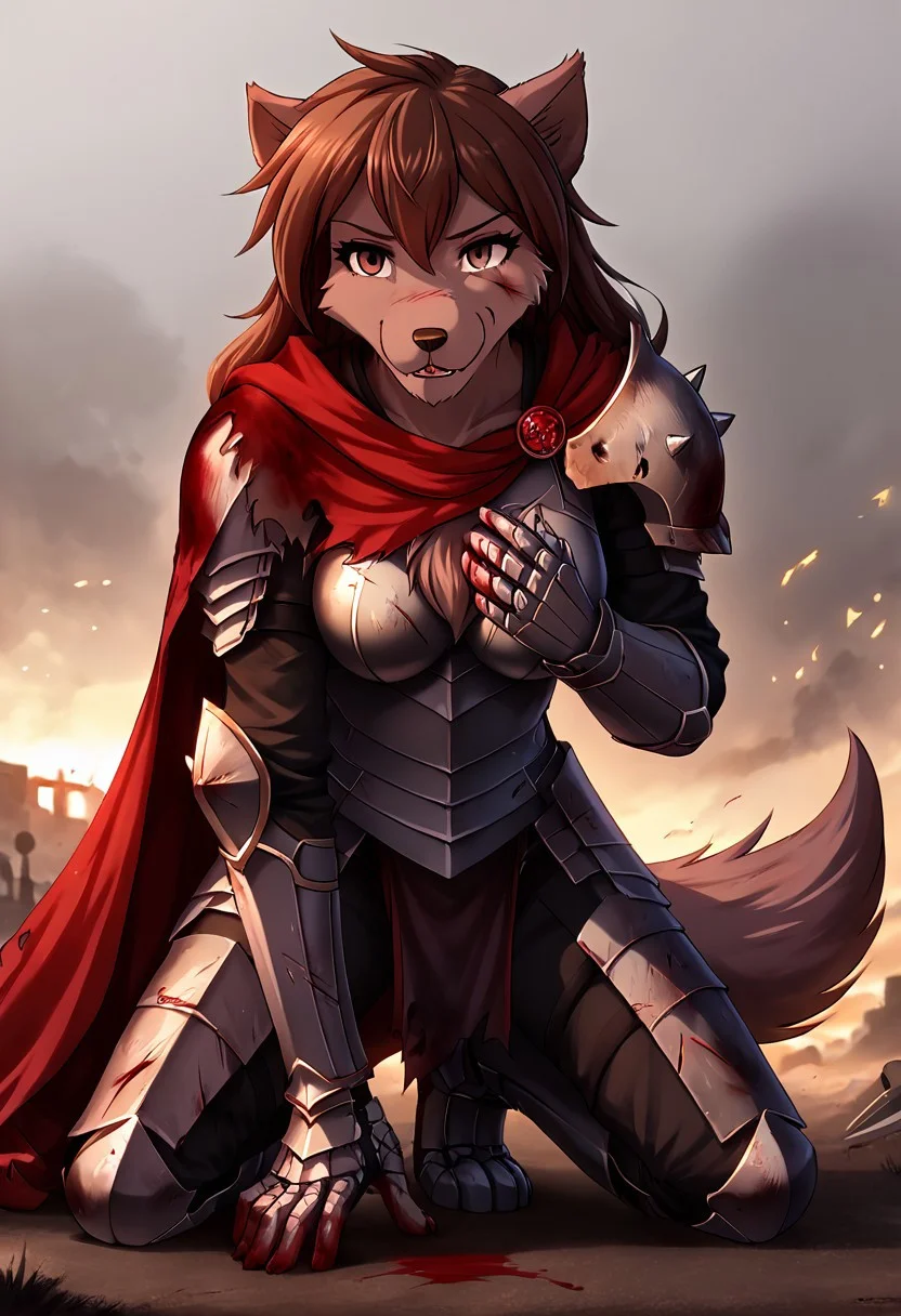 score_9, score_8_up, source_furry, (masterpiece, best quality, absurdres, detailed background, detailed foreground), <lora:Natani-Twokinds-SDXL-AnonTK-V3:0.85>, natani-twokinds, wolf tail, brown eyes, 1girl, female, medium breasts, animal ears, (standing on one knee:1.2), holding the sword handle, sword with long blade and short handle, wearing black armor with golden trim and torn red cape, armored gloves, (injured:1.2), hand on a chest, leaning forward, blood on the face, (battlefield:1.2), symmetrical armor, <lora:p:0.35>