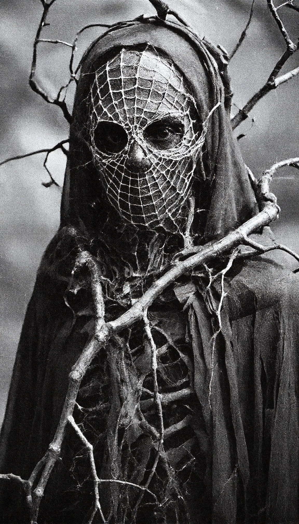 Close-up of a surreal, otherworldly creature with a webbed, spiderweb-like mask covering its face, surrounded by twisted, branch-like tendrils hanging from its head and shoulders. The creature is draped in tattered, dark fabric that flows like a cloak. The scene is bathed in a cold, grayscale color palette with high contrast, featuring intricate detailing in a dark, surreal style. The background is a soft, blurred gray, emphasizing the creature’s eerie form.
