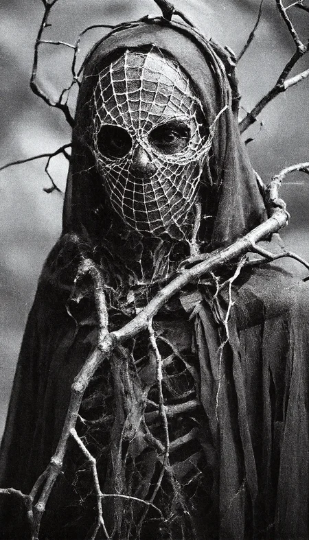 Close-up of a surreal, otherworldly creature with a webbed, spiderweb-like mask covering its face, surrounded by twisted, branch-like tendrils hanging from its head and shoulders. The creature is draped in tattered, dark fabric that flows like a cloak. The scene is bathed in a cold, grayscale color palette with high contrast, featuring intricate detailing in a dark, surreal style. The background is a soft, blurred gray, emphasizing the creature’s eerie form.