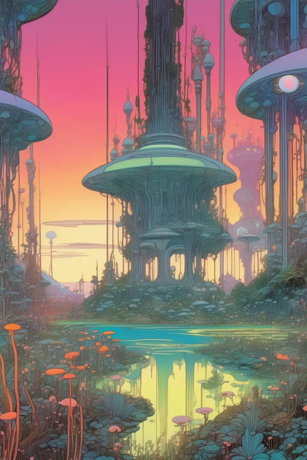 <lora:Ralph Bakshi Style:1>Ralph Bakshi Style - A vast utopian fantasy garden full of growing bioluminescent plants and tech structures with a warm and bright glow. Some white highlights throughout and bright negative space. very colourful and saturated. In the style of jean giraud moebius, Chris Riddell. Distinct high contrast linework and flat colour. 16k UHD