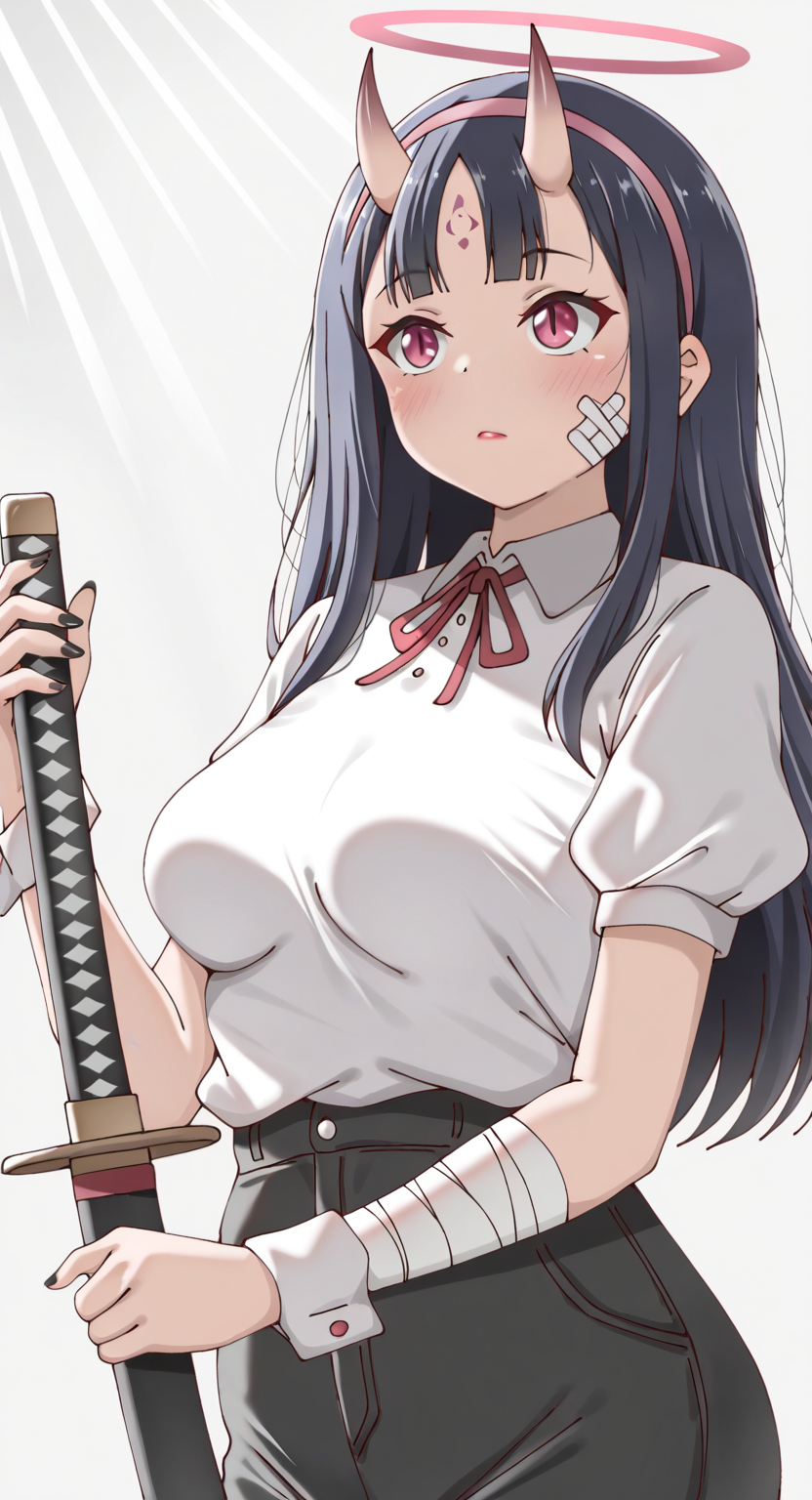 masterpiece, cute, lovely, newest, absurdres, (best quality:1.3), amazing quality, very aesthetic, 1girl, solo, high_resolution, hq, 4k, BREAK. high gradient eyes, very cute, light particles, cute details, cute colors, mature woman, (Poa_Mellhen_Style), oni, oni horns, dark blue hair, straight hair, blunt bangs, pink eyes, slit pupils, (medium breasts:1.2), sagging_breasts, BREAK,  bandaid on face, bandaid, bandaid on cheek, forehead mark, parted lips, wrist cuffs, neck ribbon, short sleeves, fingernails, shirt, hairband, puffy short sleeves, puffy sleeves, shorts, t-shirt, bandages, sheath, sword, solo, holding, simple background, grey background, upper body, halo, facial mark, nail polish, closed mouth, red ribbon, black nails, bandaged arm, holding weapon, light frown, light rays, pink hairband, red lips, scabbard, weapon, white shirt, masterpiece, best quality, very aesthetic, intricate details, vivid colors, smooth shading, dynamic lighting, professional illustration, soft gradients, balanced composition, elegant pose, high-resolution, sharp focus, 8k, hdr, crisp lines, perfect lighting, sharp eyes, detailed eyes, highly detailed