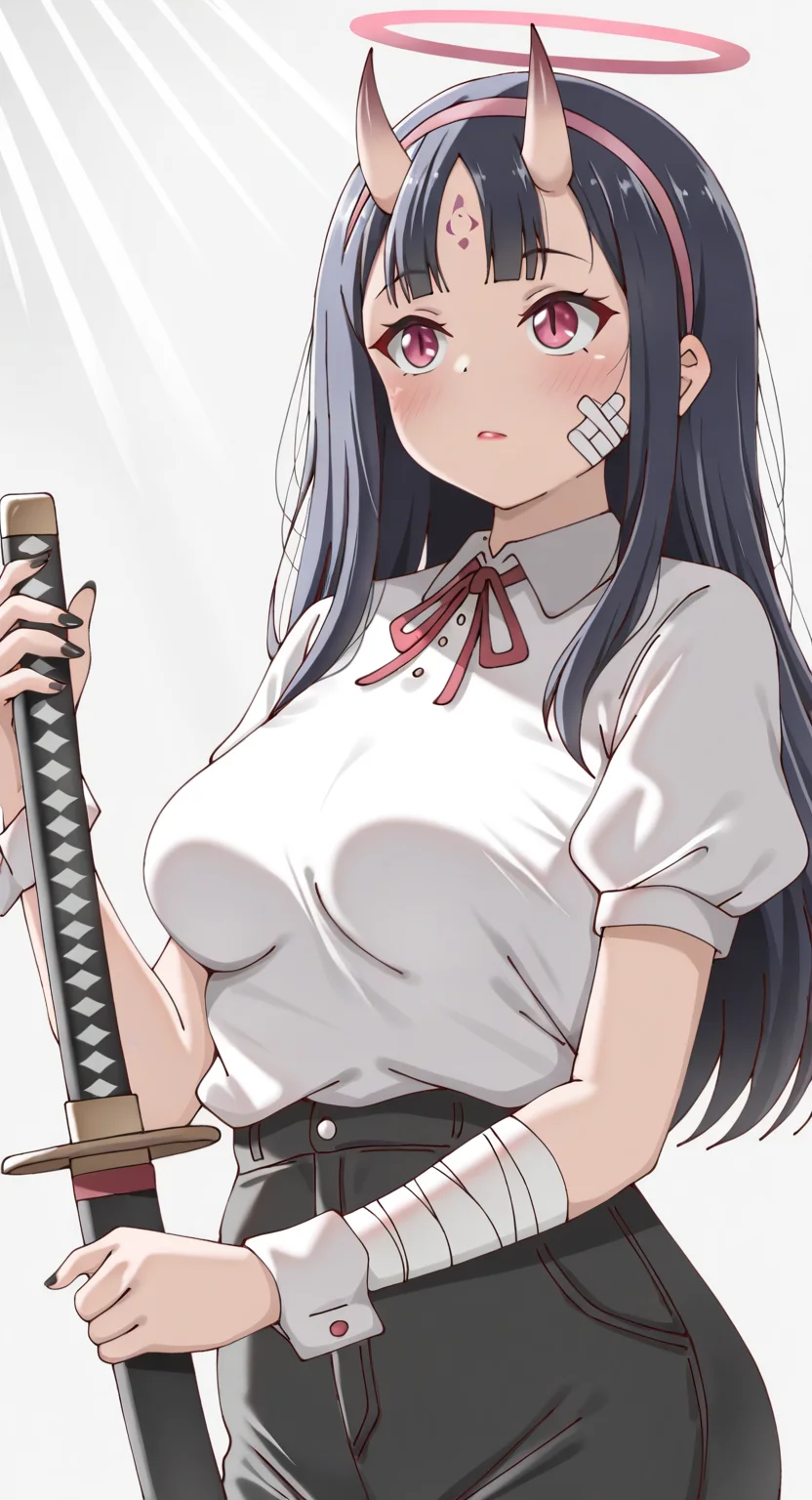 masterpiece, cute, lovely, newest, absurdres, (best quality:1.3), amazing quality, very aesthetic, 1girl, solo, high_resolution, hq, 4k, BREAK. high gradient eyes, very cute, light particles, cute details, cute colors, mature woman, (Poa_Mellhen_Style), oni, oni horns, dark blue hair, straight hair, blunt bangs, pink eyes, slit pupils, (medium breasts:1.2), sagging_breasts, BREAK, bandaid on face, bandaid, bandaid on cheek, forehead mark, parted lips, wrist cuffs, neck ribbon, short sleeves, fingernails, shirt, hairband, puffy short sleeves, puffy sleeves, shorts, t-shirt, bandages, sheath, sword, solo, holding, simple background, grey background, upper body, halo, facial mark, nail polish, closed mouth, red ribbon, black nails, bandaged arm, holding weapon, light frown, light rays, pink hairband, red lips, scabbard, weapon, white shirt, masterpiece, best quality, very aesthetic, intricate details, vivid colors, smooth shading, dynamic lighting, professional illustration, soft gradients, balanced composition, elegant pose, high-resolution, sharp focus, 8k, hdr, crisp lines, perfect lighting, sharp eyes, detailed eyes, highly detailed