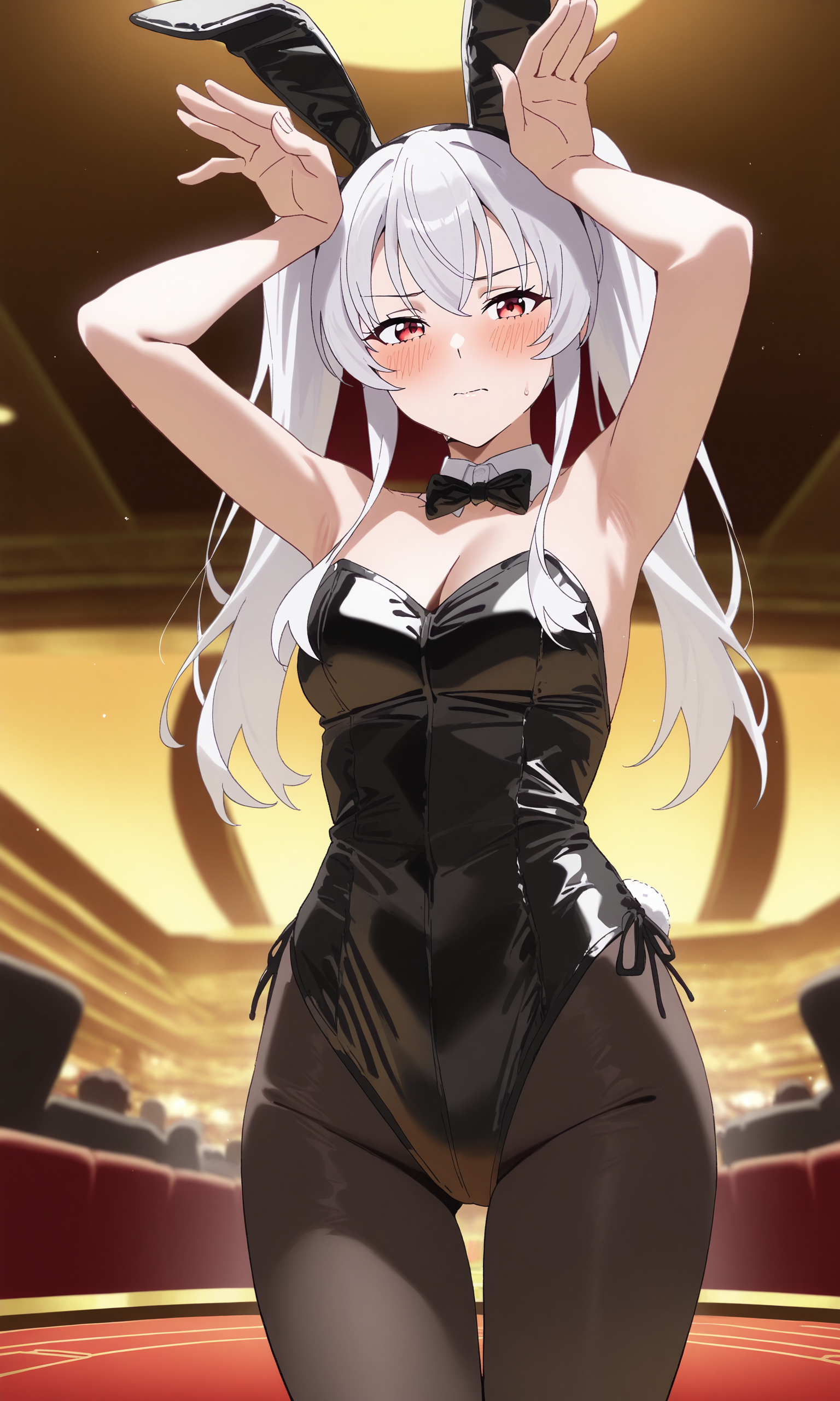 masterpiece, best quality, high resolution, absurdres, 1girl, midori_ukai, red_eyes, white_hair, long_hair, twintails, medium_breasts, bunny_suit, black_leotard, fake_animal_ears, bunny_pose, looking_at_viewer, blush, casino, indoors,