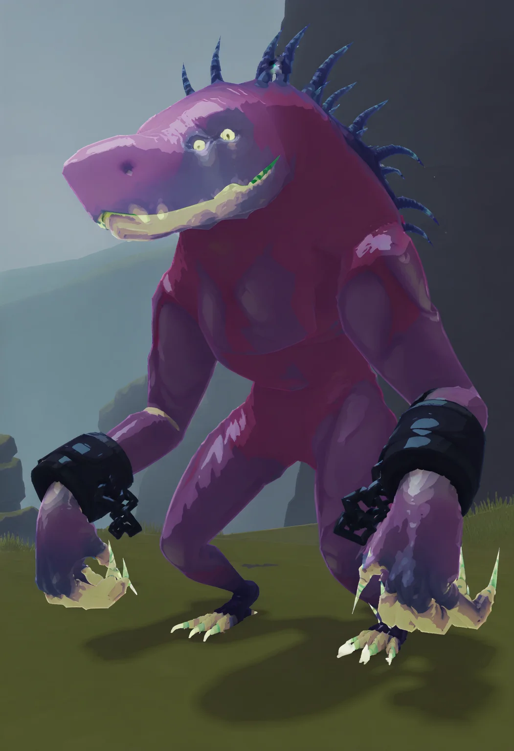 <lora:Acrid:0.9> yellow eyes, standing, cuffs, chain, shackles, claws, spikes, looking at viewer, from front,
3d, render,