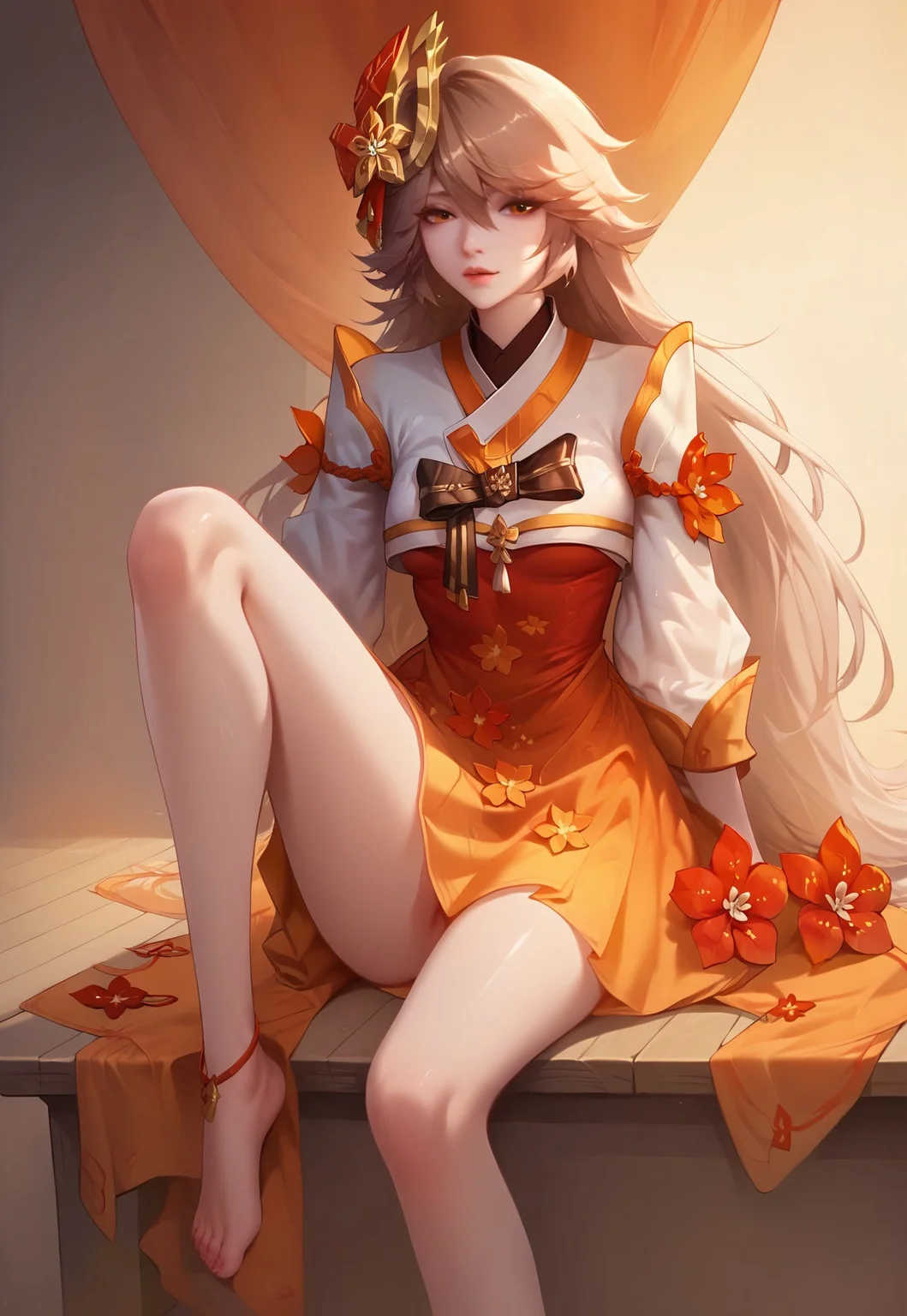 safe_pos, score_9, score_8_up, score_7_up, score_6_up, source_anime, rating_explicit,
1girl, sines, yellow eyes, long hair, brown hair, hair between eyes, hair over one eye, hair ornament, jewelry, flower, long sleevess, orange skirt, dress, korean clothes, japanese clothes, single thighhigh, barefoot, anklet, sitting, knee up,