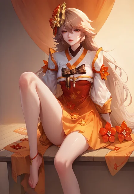 safe_pos, score_9, score_8_up, score_7_up, score_6_up, source_anime, rating_explicit,
1girl, sines, yellow eyes, long hair, brown hair, hair between eyes, hair over one eye, hair ornament, jewelry, flower, long sleevess, orange skirt, dress, korean clothes, japanese clothes, single thighhigh, barefoot, anklet, sitting, knee up,