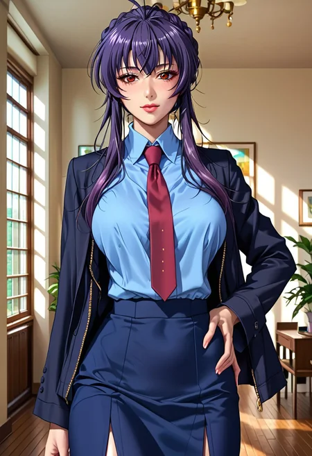 score_9, score_8_up, score_7_up, source_anime, highly detailed,  
1 girl, 30 years old, beautiful woman, 
sakurai sawa, purple hair, mature female, long sidelocks, braided bun, red eyes, large breasts,
blue shirt, black jacket, black skirt, necktie, stockings.
class room, standing,
textured skin, beautiful, from front,