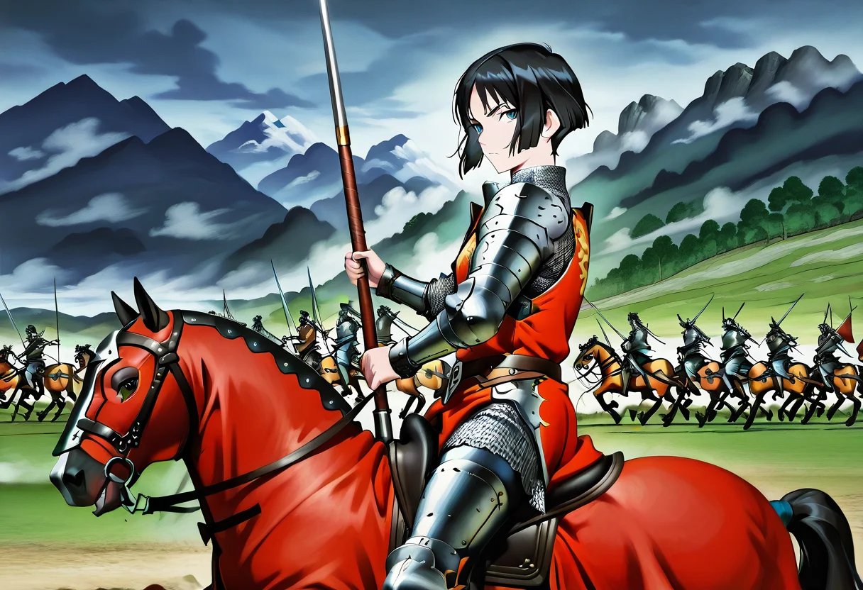 masterpiece, best quality, absurdres, detailed skin, detailed eyes, anime colored, anime screencap,
<lora:SaitoE:0.8>, SaitoE, black hair, looking at viewer, chainmail, holding lance, solo,
<lora:Riding_horse_with_Caparison_IL:0.9>, ((black horsewithcaparison)), riding, horseback riding,
outdoors, from side,