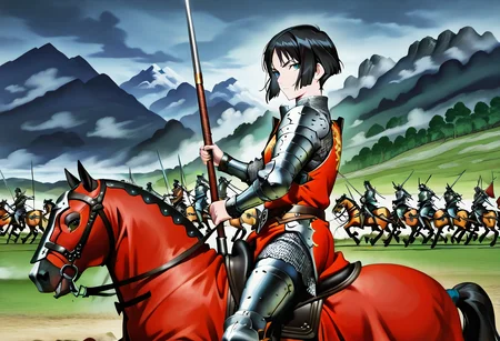 masterpiece, best quality, absurdres, detailed skin, detailed eyes, anime colored, anime screencap,
<lora:SaitoE:0.8>, SaitoE, black hair, looking at viewer, chainmail, holding lance, solo,
<lora:Riding_horse_with_Caparison_IL:0.9>, ((black horsewithcaparison)), riding, horseback riding,
outdoors, from side,