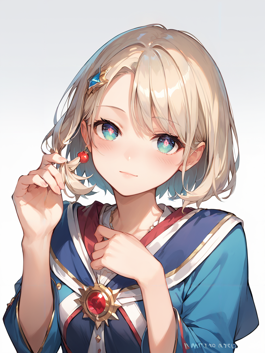 score_9, score_8_up, score_7_up,source_anime, high res image,masterpiece,best quality,(girl:1.0),cute face,clear skin,shiny hair,ultra detailed eyes,simple background,   <lora:playing with own hair_pony_V1.0:1> playing with own hair, blush