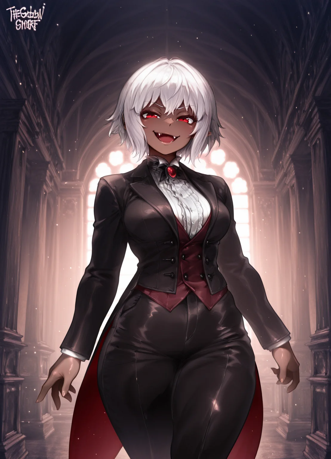 masterpiece, best quality, amazing quality, very aesthetic, absurdres, newest, scenery,extreme detail, 8k, light particles, soft lighting, volumetric lighting, intricate details, finely detailed, detailed eyes, 1girl, solo, vampire, white hair, dark-skin, dark skinned female, (tailcoat,tuxedo,frock coat:1.2), thighhighs, looking at viewer, standing, red eyes, mansion,bedroom, trousers,shirt,vest, smug, smirk, shiny skin, (medium breasts:1.3), thick, fang, half-open mouth,
<lora:the_golden_smurf_style:1>