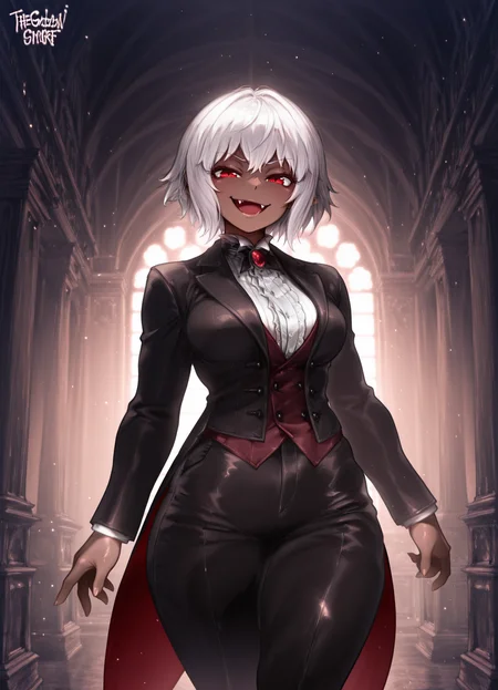 masterpiece, best quality, amazing quality, very aesthetic, absurdres, newest, scenery,extreme detail, 8k, light particles, soft lighting, volumetric lighting, intricate details, finely detailed, detailed eyes, 1girl, solo, vampire, white hair, dark-skin, dark skinned female, (tailcoat,tuxedo,frock coat:1.2), thighhighs, looking at viewer, standing, red eyes, mansion,bedroom, trousers,shirt,vest, smug, smirk, shiny skin, (medium breasts:1.3), thick, fang, half-open mouth,
<lora:the_golden_smurf_style:1>