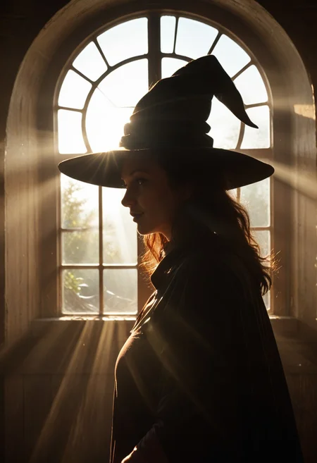 score_9, score_8_up, score_7_up, masterpiece, ultra detailed, best quality, 1 woman,close up portrait, mature woman, a witch ,standing in front of window, light coming through window, silhouette, dynamic lighting, view from side,
expressive face, expressive body, expressive emotions, dynamic pose, intense gaze, lively eyes, detailed facial expression, engaging presence.
detailed skin, perfect quality, hyper quality, perfect shadows,dark hair, witches hat, long black cloak, lot of shadows, perfect lighting, ultra realistic reflections, hyper realistic, ultra realism, 8k, masterpiece,