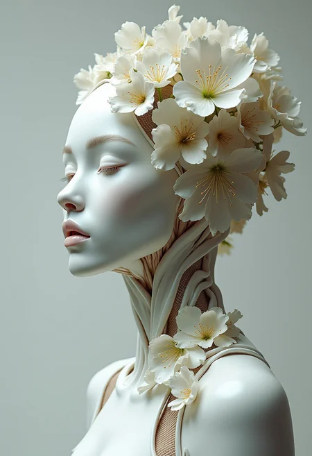 A flawlessly crafted white cyborg, adorned with cascading plants and flowers, stands as a sublime fusion of nature and technology, radiating elegant mystique.