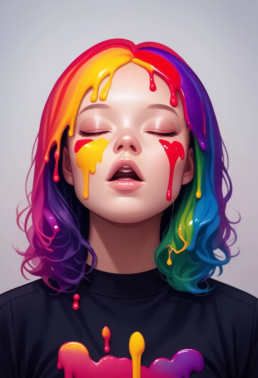 prideb4fall, 1girl, solo, closed eyes, portrait, lips, black shirt, upper body, parted lips, upper teeth only, paint dripping, rainbow colors, gradient overlay, rainbow paint, open mouth, made of rainbows, rainbow overlay, pride month, rainbows
zPDXL2