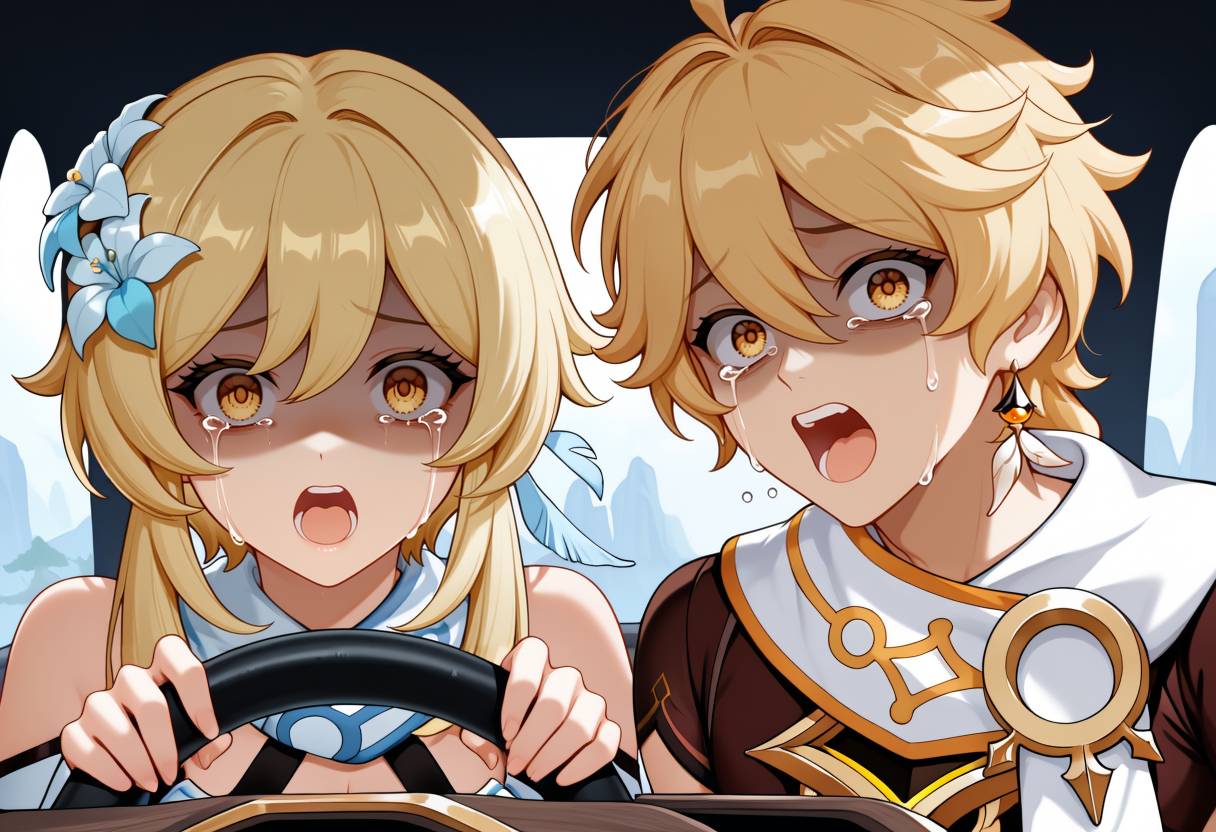 car interior, 1girl, 1boy, lumine \(genshin impact\), aether \(genshin impact\), looking at viewer, open mouth, shaded face, steering wheel, scared, crying, <lora:power_crashes_car_meme-NOOB-EPS1.1:1>